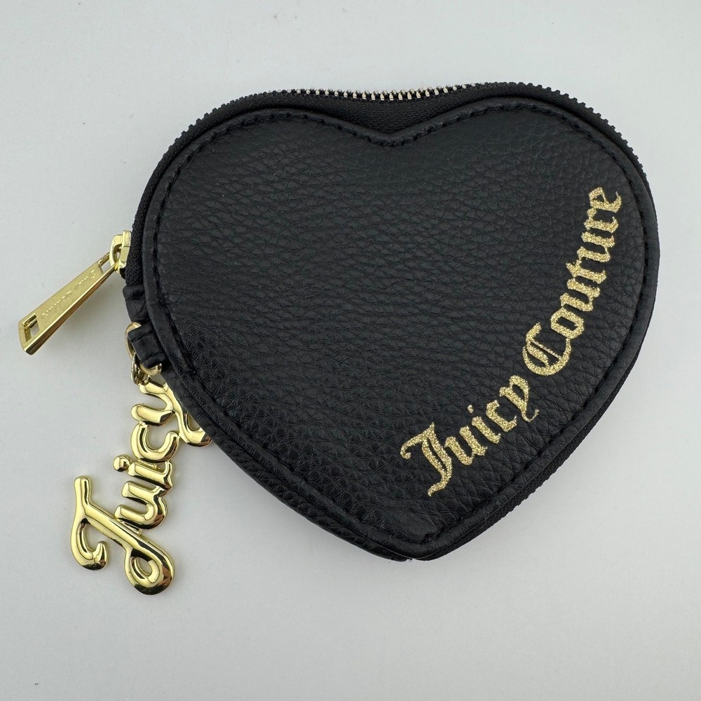 Juicy Couture Black Heart Coin Purse Gold Logo Charm Pebbled Faux Leather Pouch